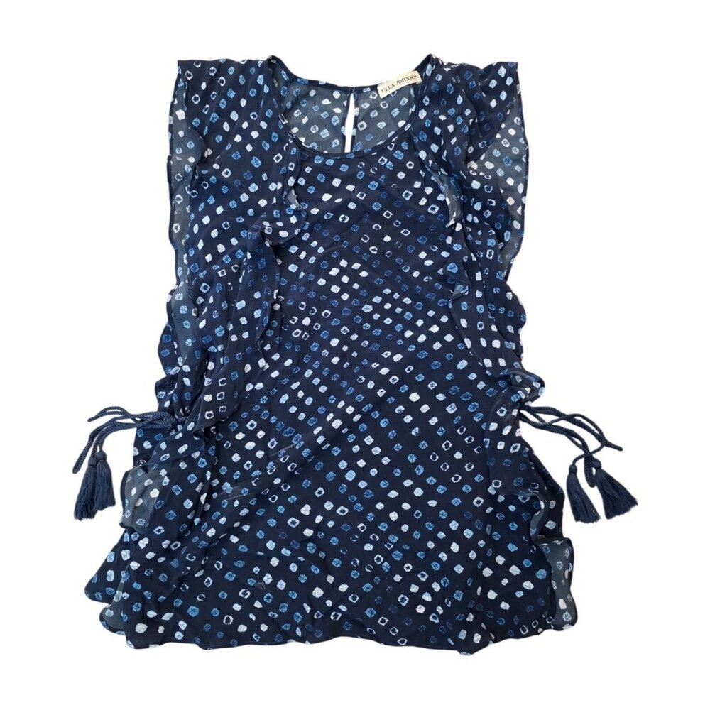 Ulla Johnson Blue Silk Top Tassel Tie Ruffle Printed Sleevless Blouse Shirt 2